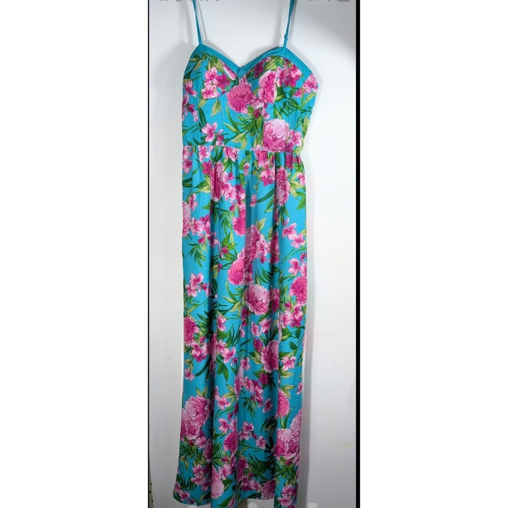 Band of the Free Floral Maxi Dress Womens M Teal Pink Boho Wedding Guest Resort